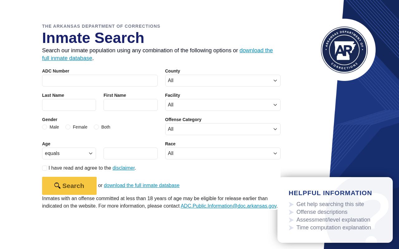 Arkansas ADC offender photo search for sentenced Scott County cases