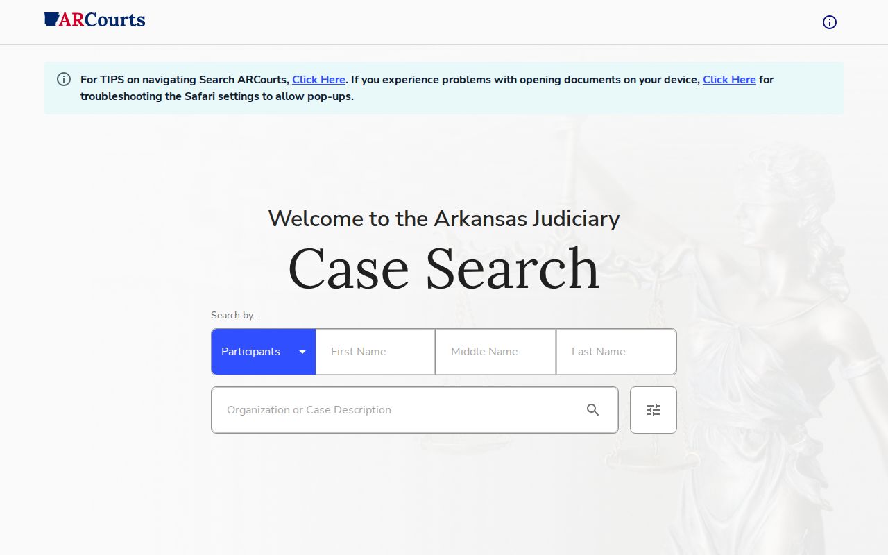 Search ARCourts interface for Scott County arrest case outcomes